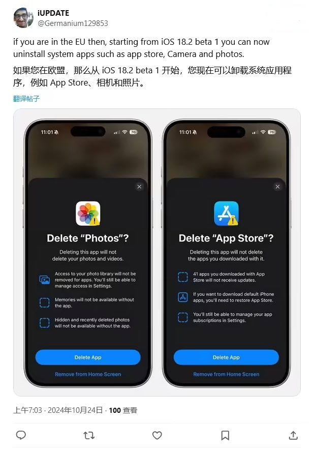 泰和苹果手机维修分享iOS 18.2 支持删除 App Store 应用商店 