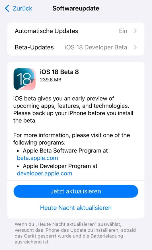 泰和苹果手机维修分享苹果 iOS / iPadOS 18 开发者预览版 Beta 8 发布 